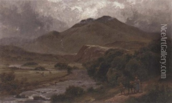 Figures On A Riverside Path, Beddgelert, North Wales Oil Painting - James Peel