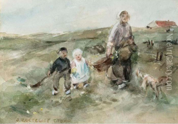 Mother And Her Children In The Dunes Oil Painting - Jan Zoetelief Tromp