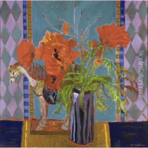 Still Life With Poppies And A Ceramic Horse Oil Painting - David Martin