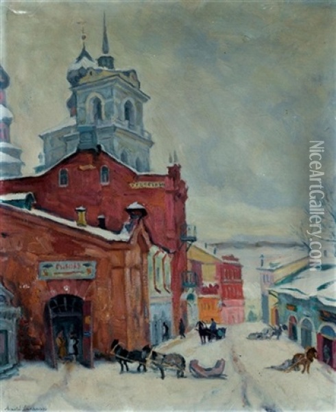 Russian Street In Winter Oil Painting - Arnold Borisovich Lakhovsky