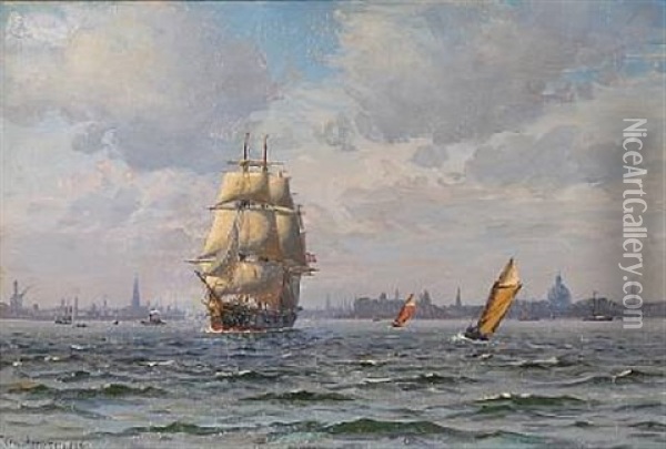 Sailing Ships With Copenhagen In The Background Oil Painting - Vilhelm Karl Ferdinand Arnesen