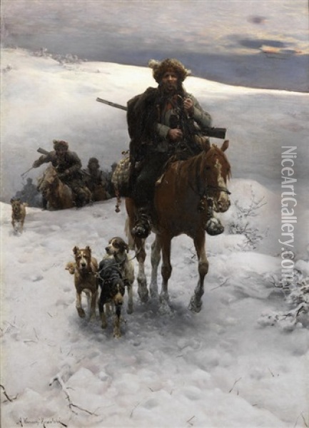 Looking For Bears (wyprawa Na Niedzwiedzia) Oil Painting - Alfred von Wierusz-Kowalski