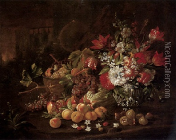 A Still Life Of Various Flowers In A Gilt Vase, A Basket Of Fruit, Grapes, Pomegranates, Peaches, A Melon, Figs And Cherries, All Set In A Landscape Oil Painting - Gaetano Cusati