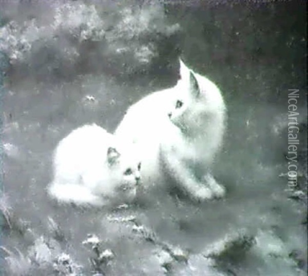 Two White Kittens On The Grass Oil Painting - Arthur Heyer