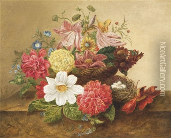 Blumenstillleben Mit Vogelnest Oil Painting - Johannes (Jan) Reekers