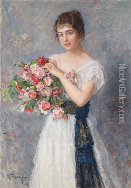 Bildnis Einer Jungen Dame Mit Rosen Oil Painting - Nikolai Dmitrievich Kuznetsov