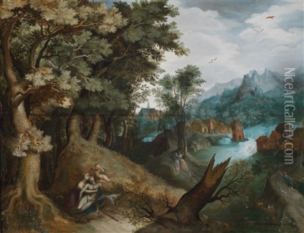 Eine Bewaldete Flusslandschaft Mit Dorfkulisse, Venus Und Adonis Und Wanderern Oil Painting - Gillis Van Coninxloo III