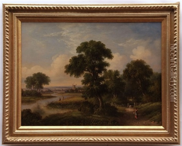 Figures In A River Landscape With Distant Windmill Oil Painting - Samuel David Colkett