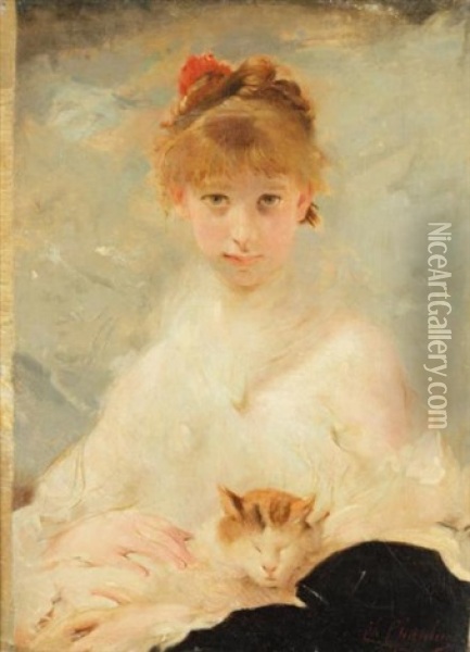 Jeune Femme Au Chat Oil Painting - Charles Joshua Chaplin