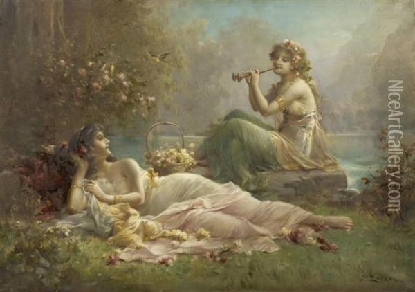 Two Nymphs By The Water Oil Painting - Hans Zatzka