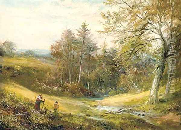 Figures near a stream, with a woodland beyond Oil Painting - George Turner