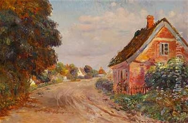 Grusvej Gennem En Landsby (fra Hellebaek?) Oil Painting - Carl Carlsen