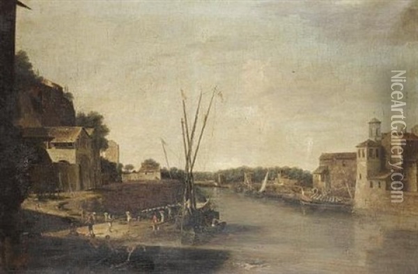 A River Landscape With Stevedores Unloading A Barge Oil Painting - Filippo Napoletano