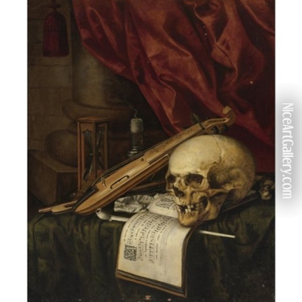 A Vanitas Still Life With A Skull, A Violin, A Musical Score, A Pipe And Tobacco, An Hourglass And A Candle On A Draped Table Oil Painting - Simon Renard De Saint-Andre