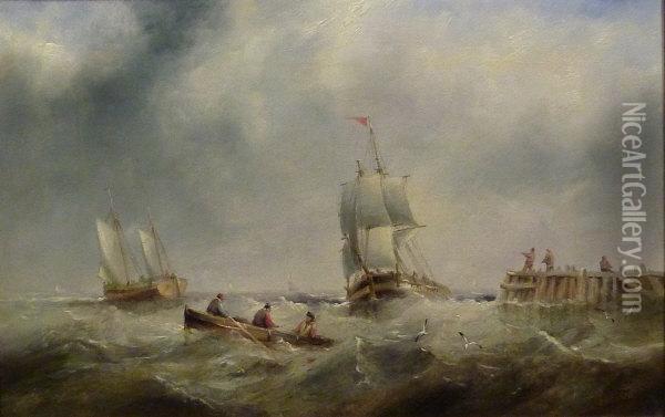 Sailing Vessels Passing A Jetty Oil Painting - Henry Redmore