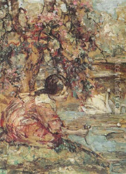 Picking Water Lilies Oil Painting - Edward Atkinson Hornel