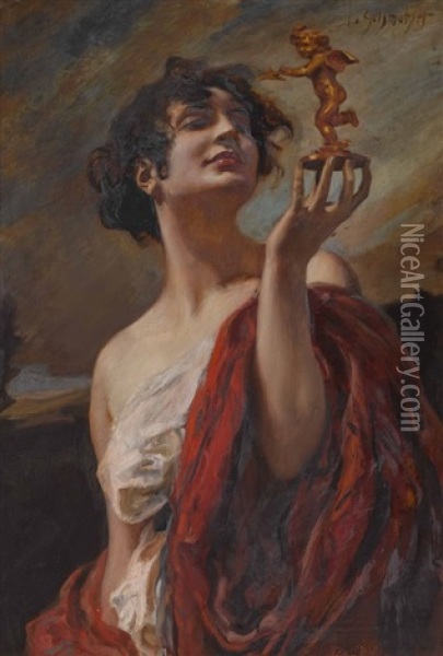 Dame, Die Bronze Eines Amorknabens Betrachtend Oil Painting - Leopold Schmutzler