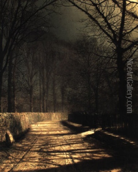 A Moonlit Lane, With Two Lovers By A Gate Oil Painting - John Atkinson Grimshaw