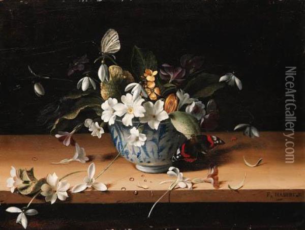 Stephanotis, Primroses, Snowdrops And Other Flowers In A Blue And White Chinese Bowl With A Red Admiral And A White Cabbage Butterfly On A Ledge Oil Painting - Francois Habert