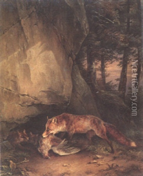 Fuchsin Mit Ihrer Beute Oil Painting - Friedrich Gauermann