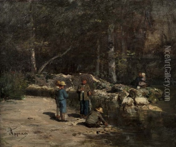 Jeux D'enfants En Bord De Riviere Oil Painting - Adolphe Appian