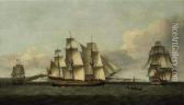 The British Merchantman 
Tyson 
 In Three Positions Off Dover,in-bound For London And Requesting A Pilot Oil Painting - Thomas Luny