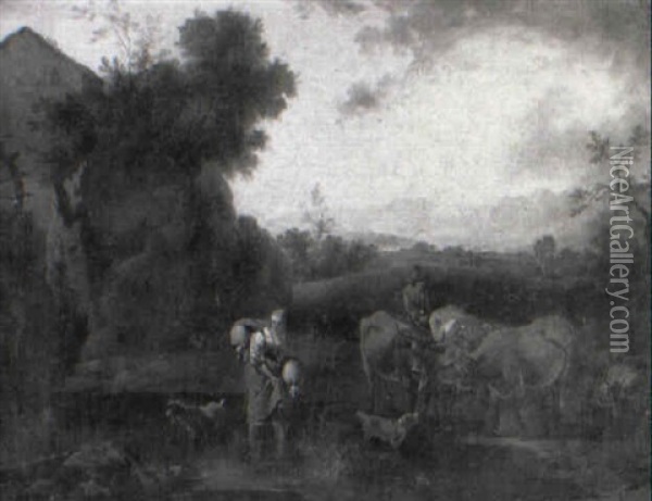 Drovers With Cattle And Sheep At A Pool By A Watermill Oil Painting - Dirk van Bergen