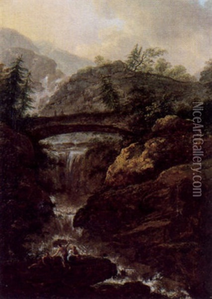 Gebirgslandschaft Mit Wasserfall, Einer Steinernen Bogenbrucke Und Figuren Oil Painting - Christian Wilhelm Ernst Dietrich