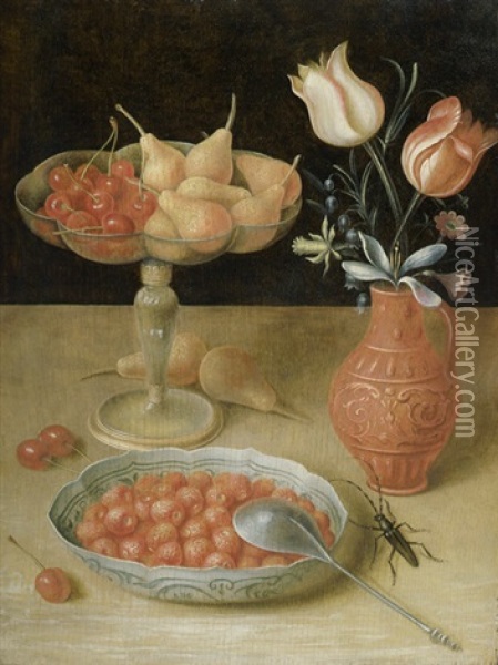 Fruchtestilleben Mit Wanli-schale, Erdbeeren Und Tulpen Oil Painting - Georg Flegel