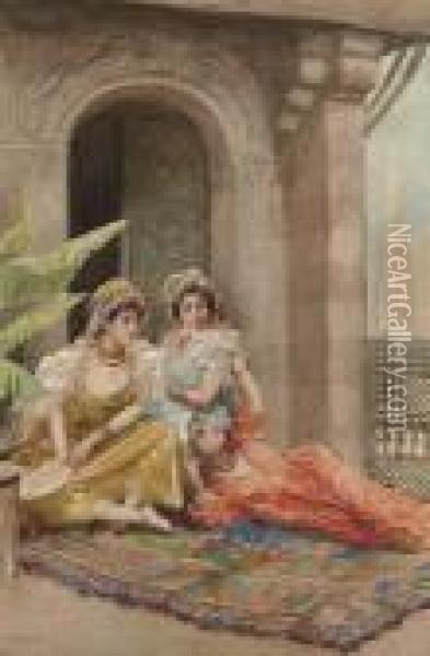 Three Oriental Beauties On A Terrace Oil Painting - Fabbio Fabbi