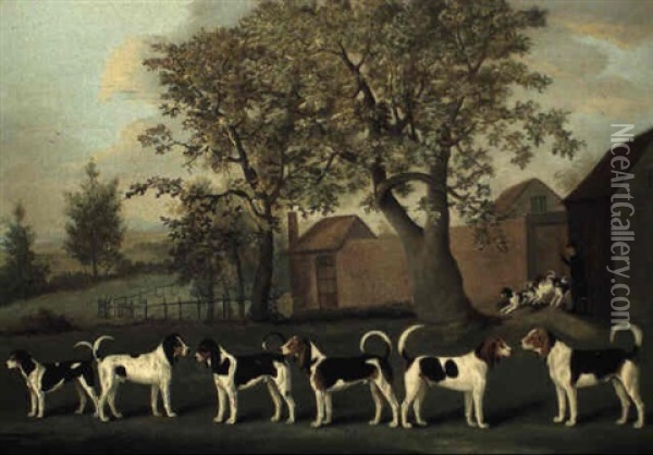 Unkenneling, A Whip By The Door To The Kennels With Portraits Of The Hounds Oil Painting - Francis Sartorius the Elder