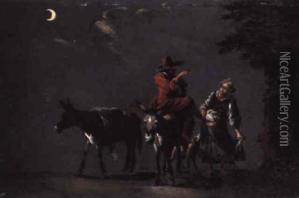 A Peasant Couple With Donkeys And A Dog On A Track By Moonlight Oil Painting - Pieter Jacobsz. van Laer