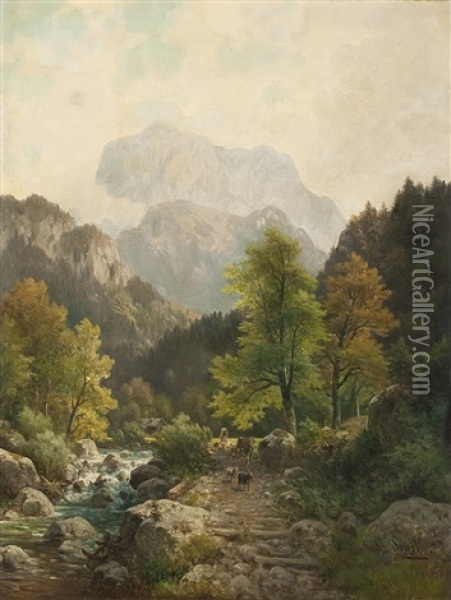 Gebirgslandschaft Mit Weidevieh Auf Einem Weg Am Fluss Oil Painting - Ludwig Sckell